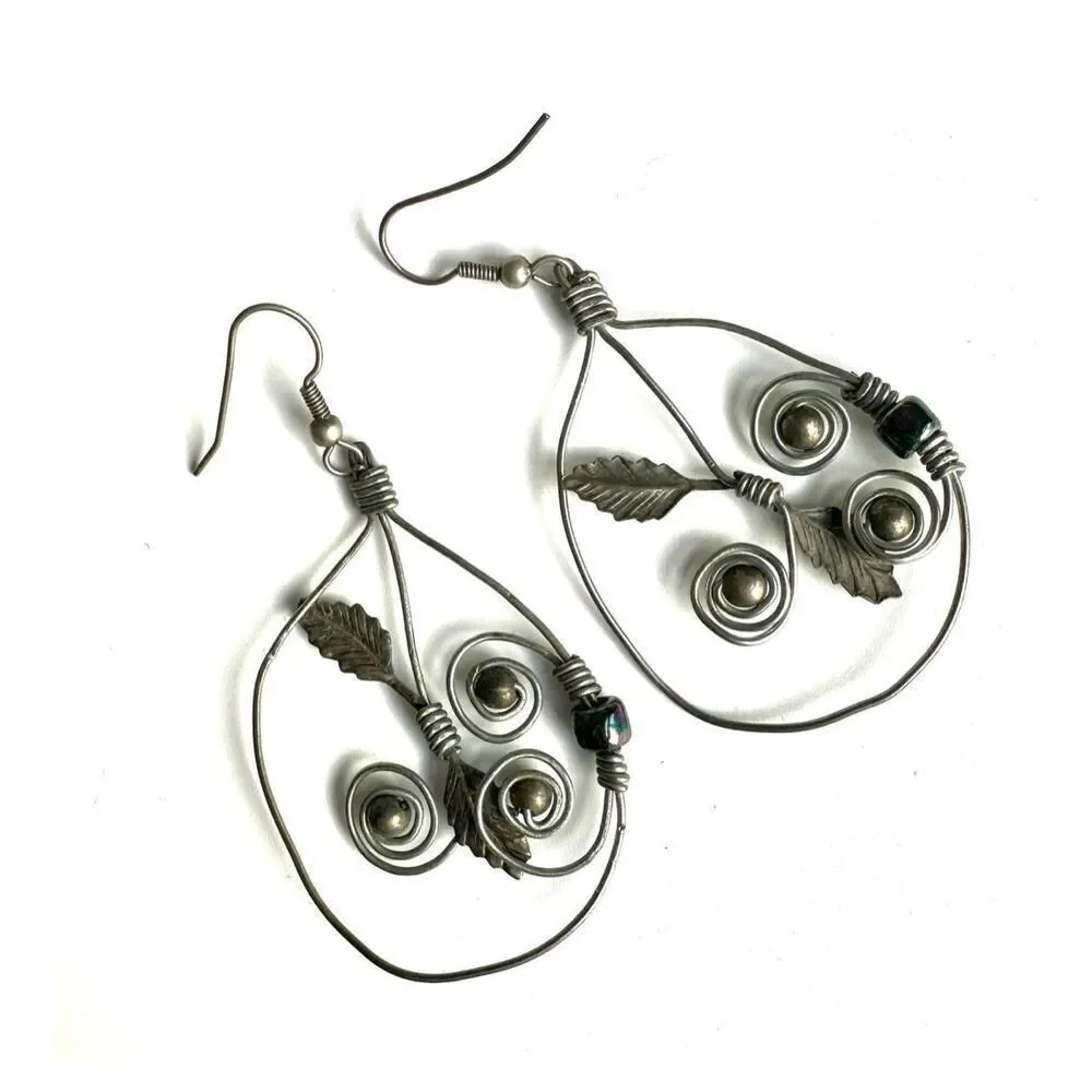 Silver tone teardrop leaf wire artisan earrings
